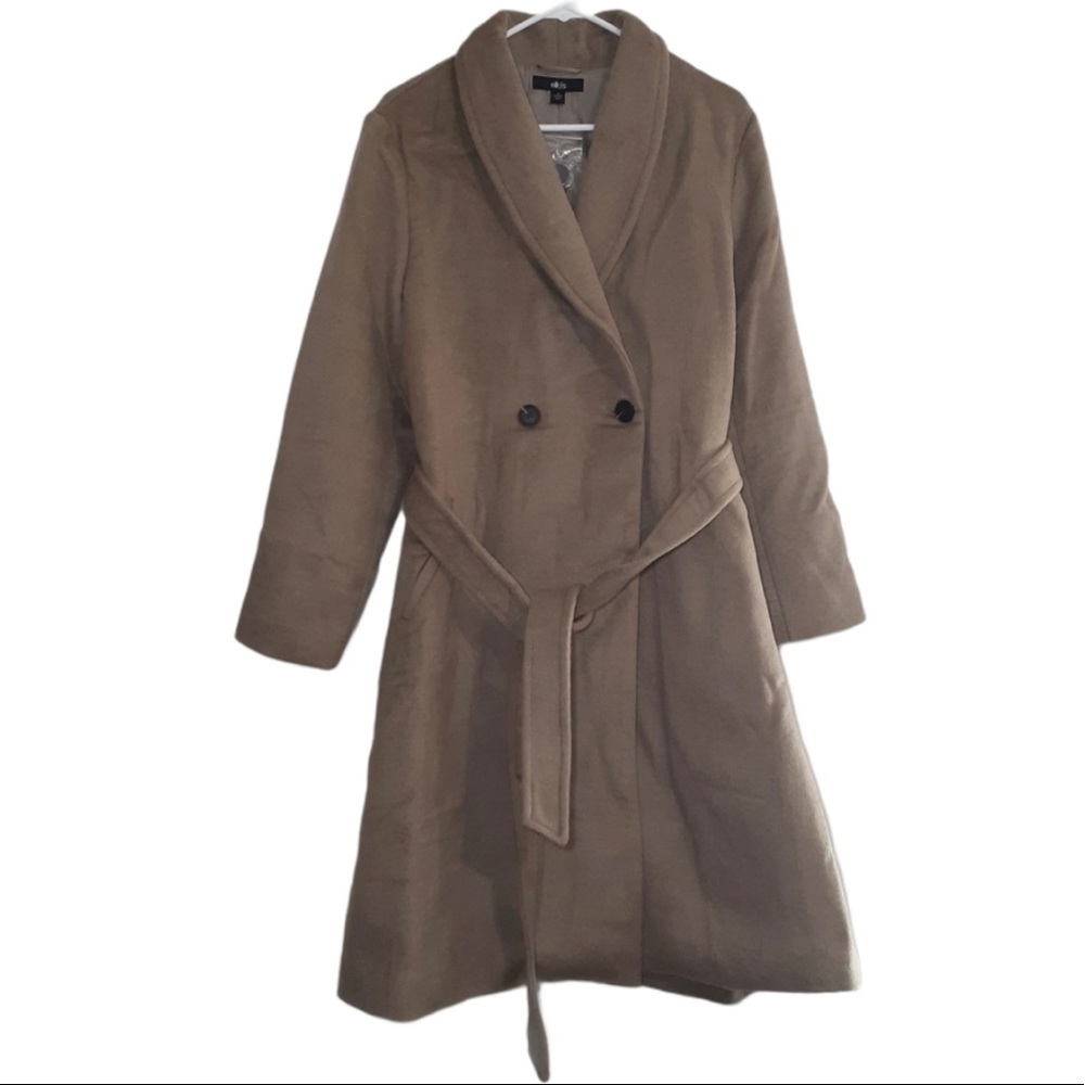 Ellos Tan Wool Blend Trench Coat w/Pockets & Waist Belt 16W NWOT